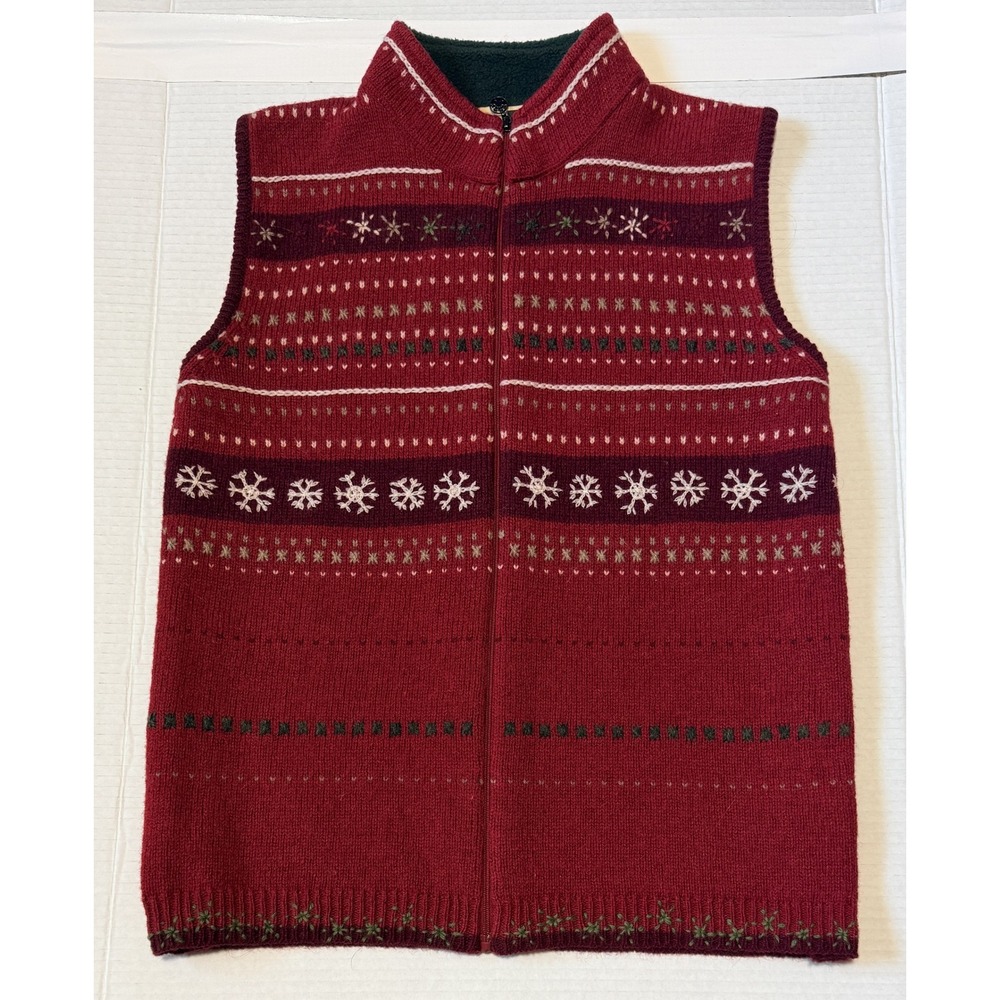 WOOLRICH - Women's Red 100% Wool Snowflake Fair Isle Zip Sweater Vest - Medium